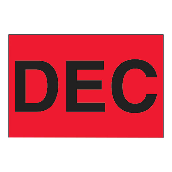 A rectangular red label with black letters that says "December"