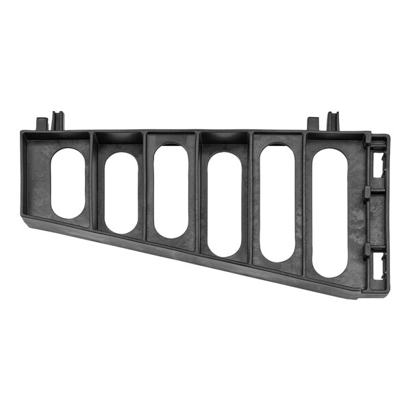 A black plastic Cambro shelf bracket with oval holes.