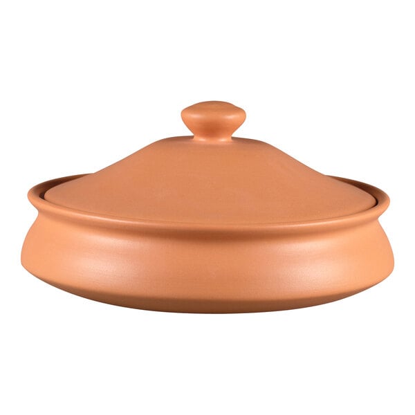 A close-up of a RAK Porcelain Terra Cotta Handi Bowl and Lid with a brown lid.