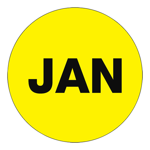 A yellow circle label with black text that reads "January" on a roll of white labels.