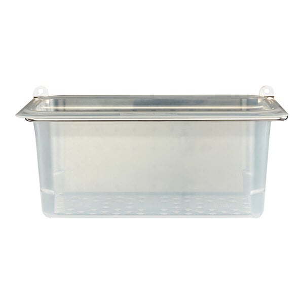 A clear plastic colander pan with a stainless steel holder.