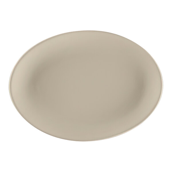 A gray porcelain oval platter with a beige border.