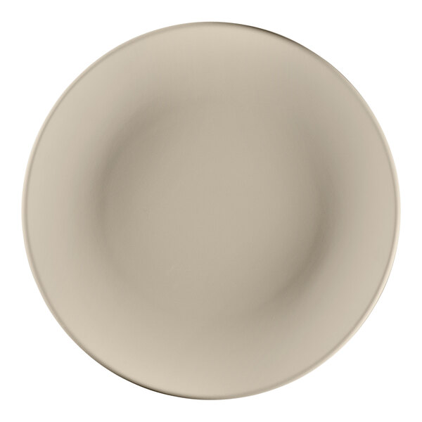 A close-up of a gray RAK Porcelain deep coupe plate with a circle shape.