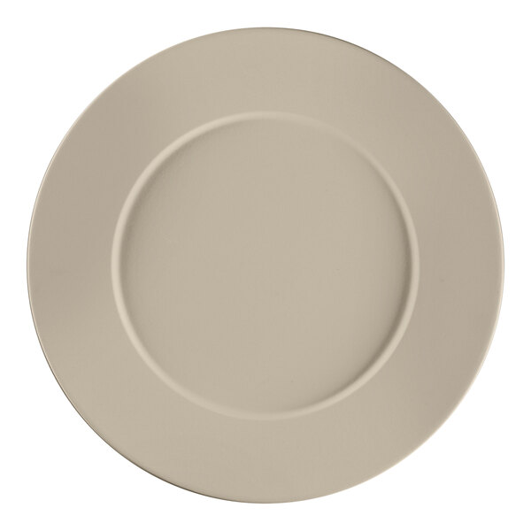 A gray porcelain plate with a round edge.