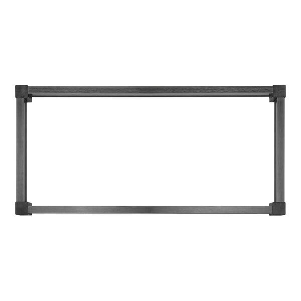 A silver rectangular frame with black corners.