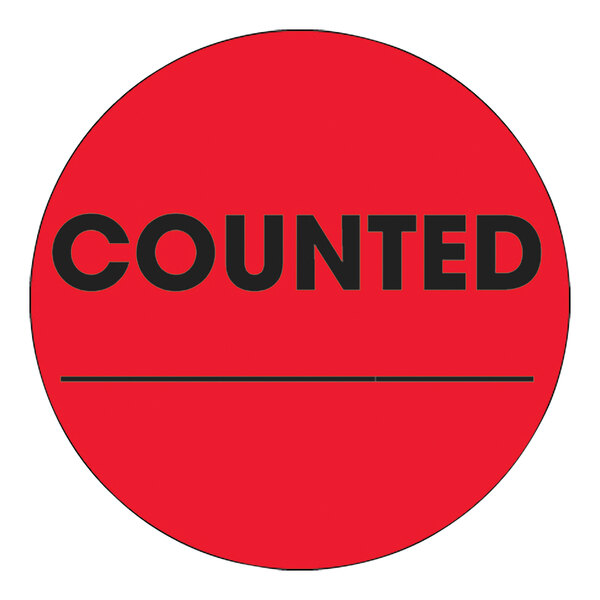 A red circle with black text that says "Counted" on a Tape Logic fluorescent red round label.