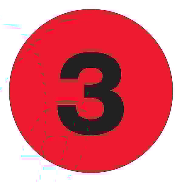 A white circle with a red border and black number three.