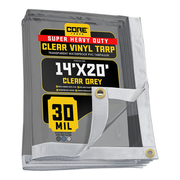 A stack of clear Core clear vinyl tarps with reinforced edges.