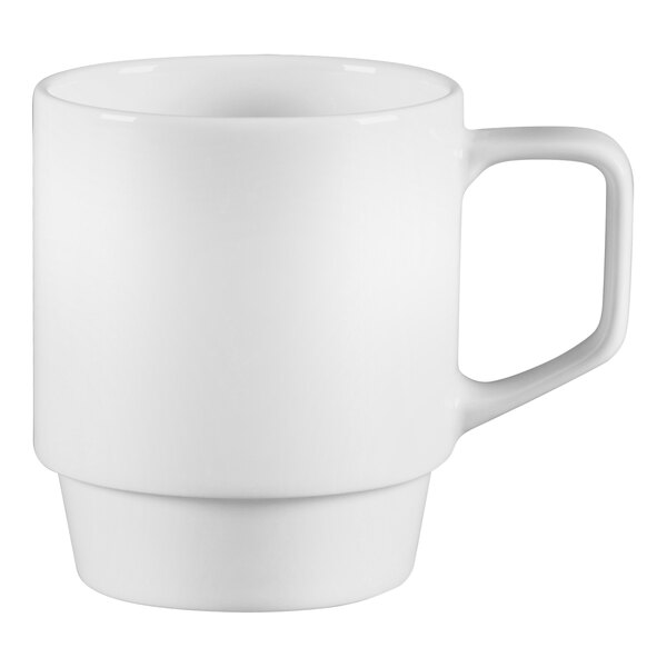 A case of 12 white RAK Porcelain mugs with handles on a white background.