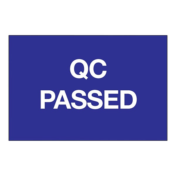 A dark blue rectangular label with white text that says "QC Passed"