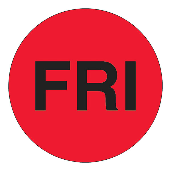 A white circle with the word "Friday" in red and black.