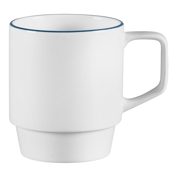 A white porcelain mug with a blue rim.