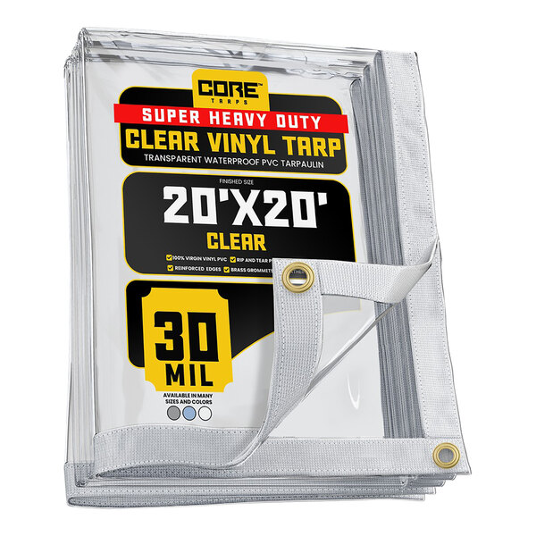 A clear plastic bag with a Core Clear Vinyl Tarp inside.