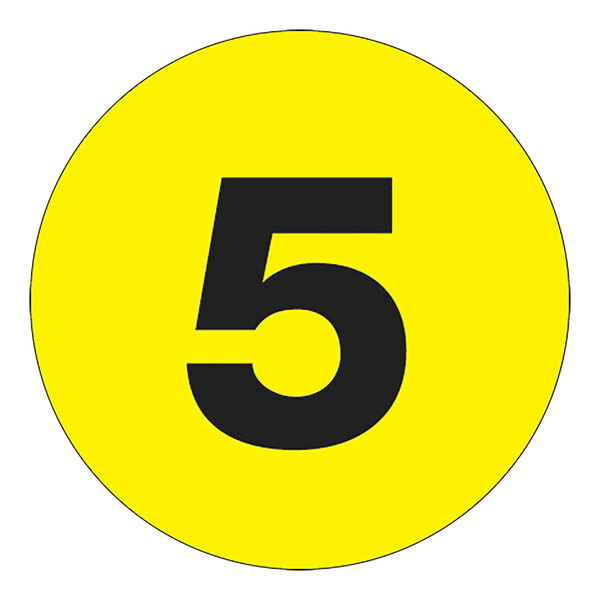 A roll of yellow Lavex No. 5 inventory number labels with black text.