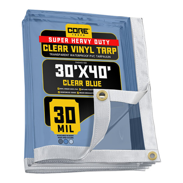 A clear blue reinforced clear vinyl tarp with white straps.