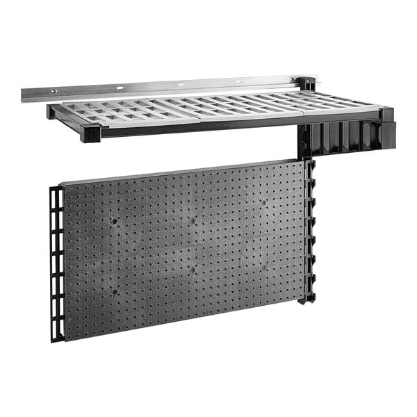 A black metal shelf with a black and grey peg board.