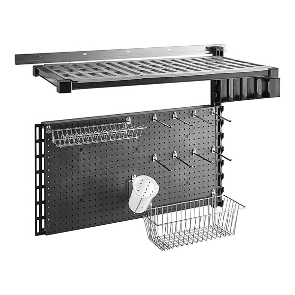 A black Cambro sink station attachment for vertical wall shelving.