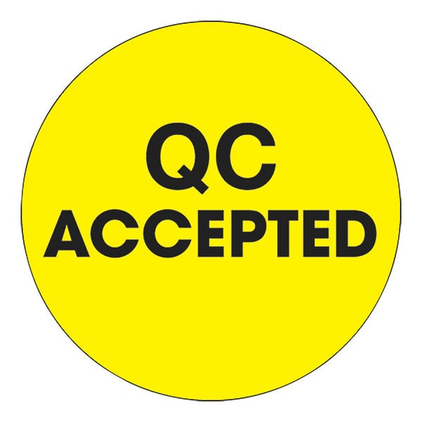 A white circular label with a yellow border and yellow center with black text that says "QC Accepted"