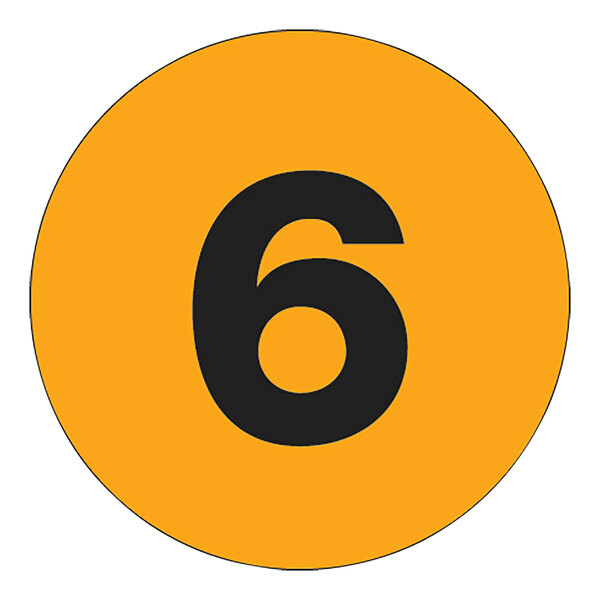 A black number six on a fluorescent orange circle.