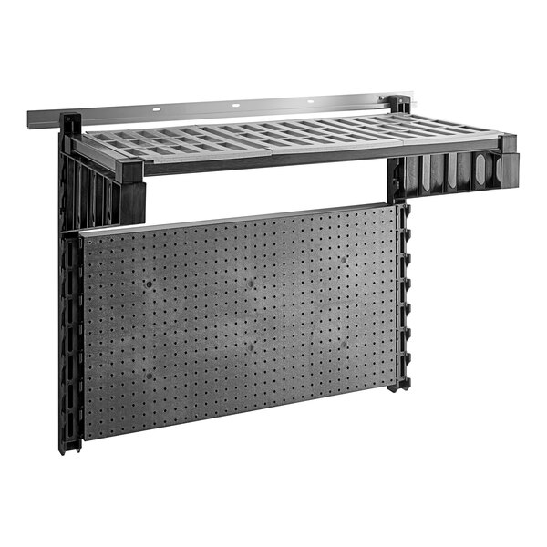 A black Cambro Camshelving Task Station wall shelf with pegs.