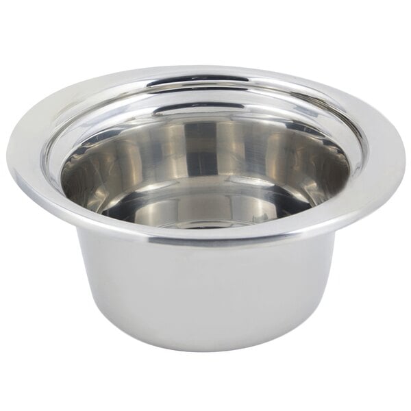 A silver stainless steel Bon Chef casserole food pan with a round rim.