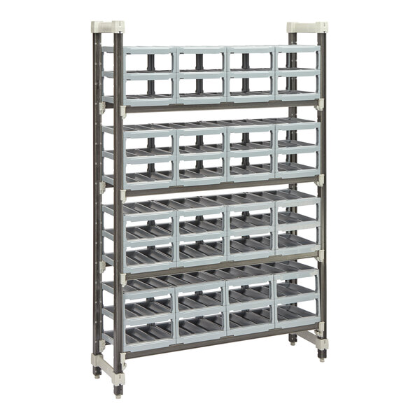 A Cambro Camshelving® Elements wine rack with stackable wine cradles on three shelves.
