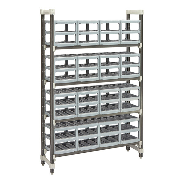 A Cambro Camshelving Elements XTRA wine rack with stackable wine cradles on three shelves.
