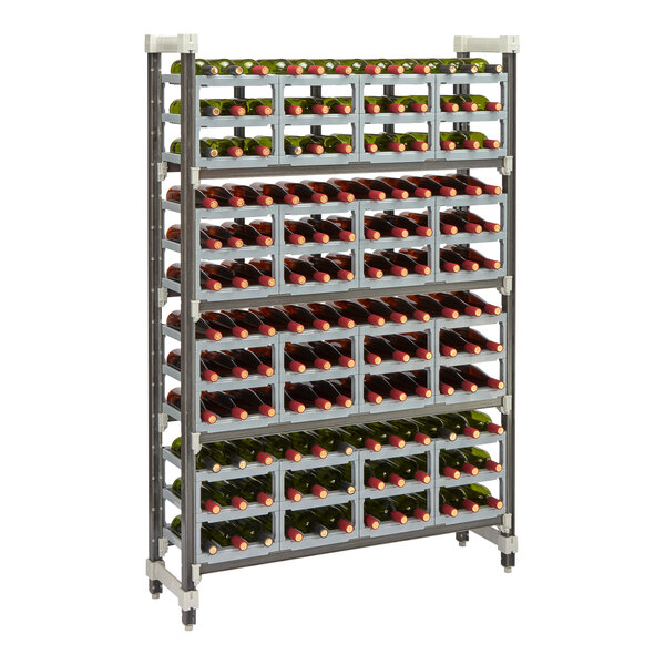 A Cambro Elements XTRA wine rack with stackable wine cradles holding many bottles of wine.