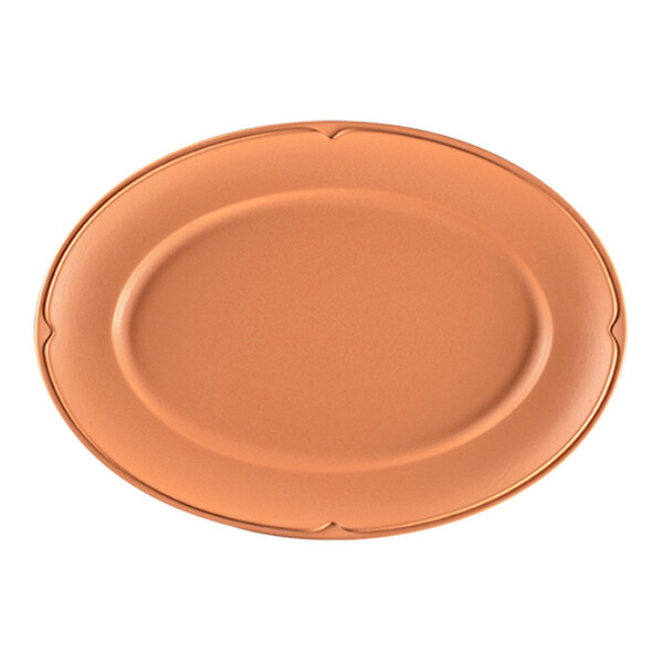 A RAK Porcelain Tero Prima oval porcelain plate with a brown rim.
