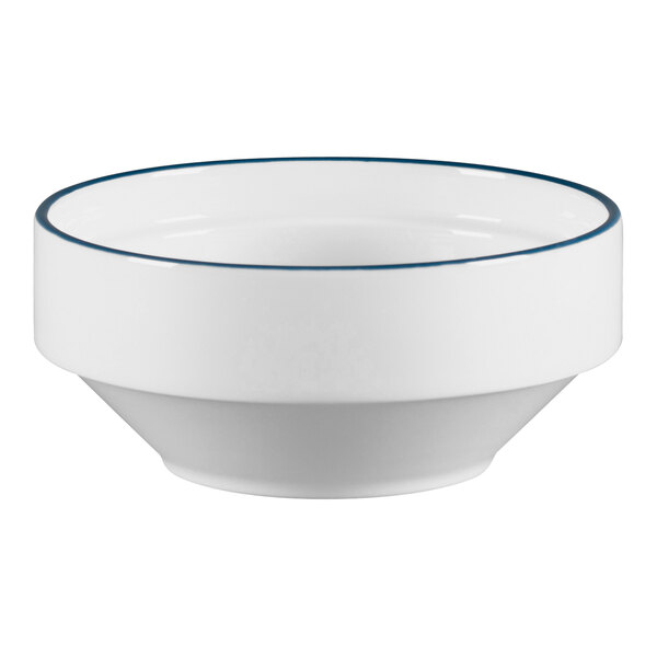 A RAK Porcelain white bowl with blue rim.