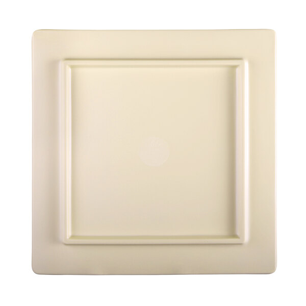 A square faux zebra wood melamine serving board with a square border and a circle in the middle.