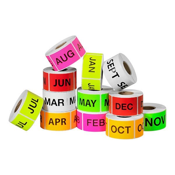 A stack of Tape Logic rectangular labels in a variety of colors with black text for each month of the year.