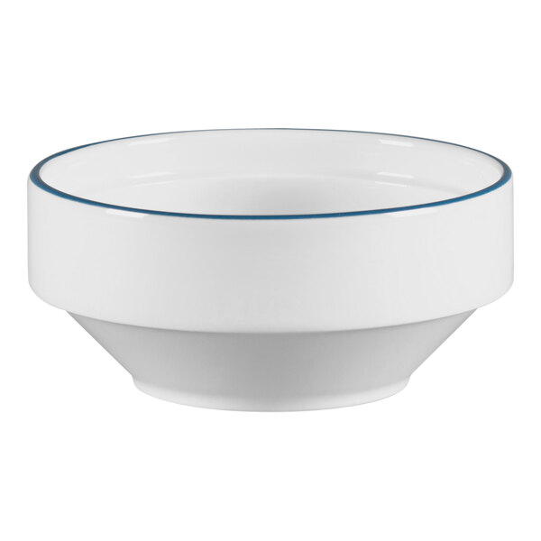 A RAK Porcelain white bowl with blue rim.