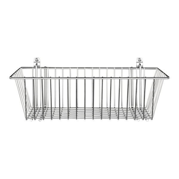 A large stainless steel wire basket with metal rods.