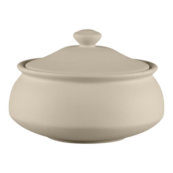 A gray porcelain handi bowl with a lid.
