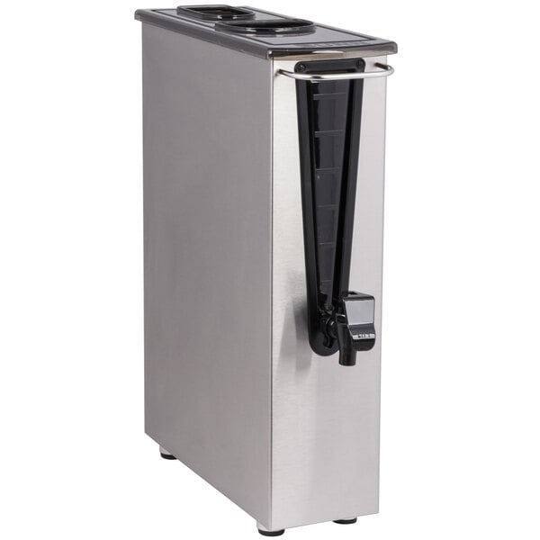 A stainless steel Bunn 3.5 gallon iced tea dispenser with a black handle.