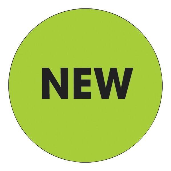 A white circular fluorescent green label with black text that reads "New"