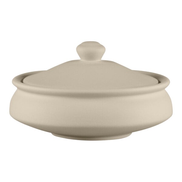 A gray RAK Porcelain handi bowl with a lid.