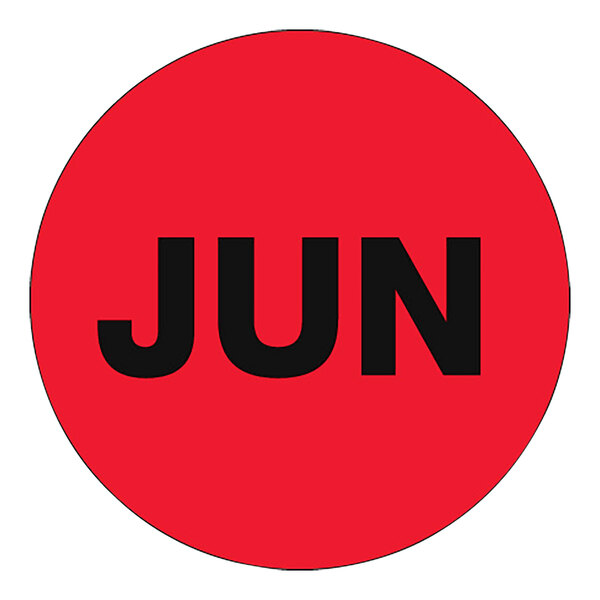 A white label with a red circle and black text that reads "June" in black.