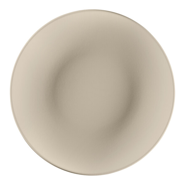 A gray porcelain deep coupe plate with a circular edge on a white background.