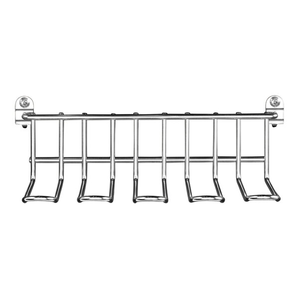 A stainless steel metal rack for Cambro shelving with six hooks.