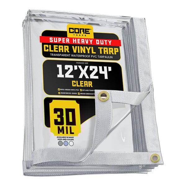 A stack of clear vinyl Core Tarps with reinforced edges.