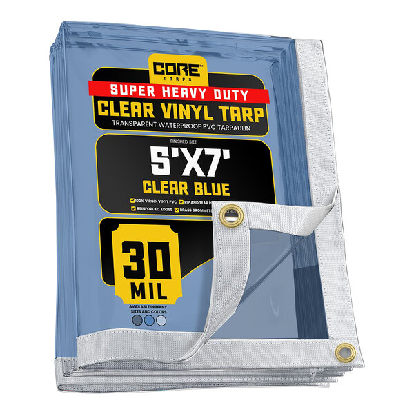 A stack of clear vinyl tarps with white straps.