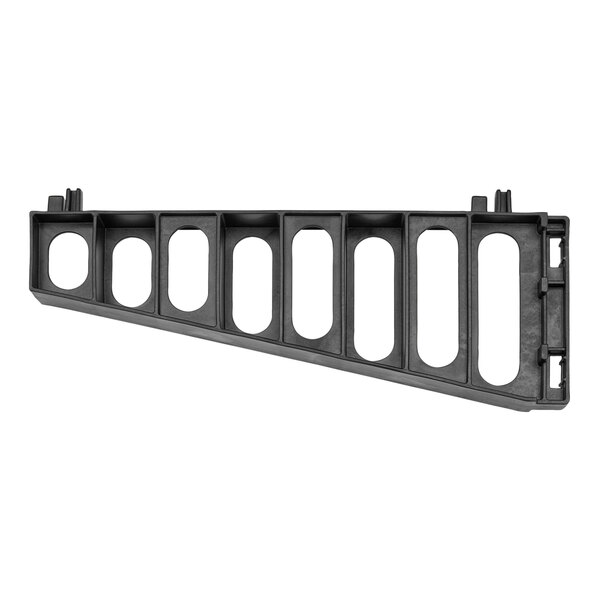 A black plastic Cambro shelf bracket with oval holes.