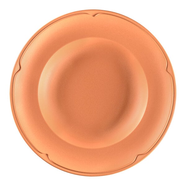 A close-up of a RAK Porcelain Terra Cotta deep plate with a brown rim and white background.