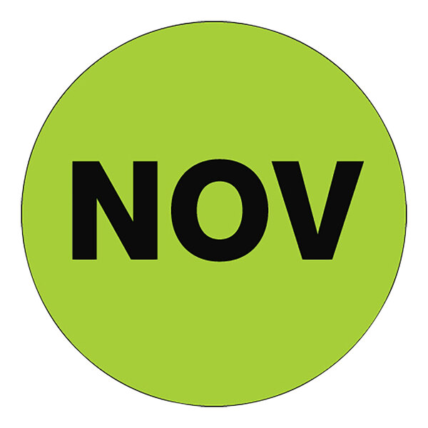 A green circle with the black letters "Nov" on a white background.