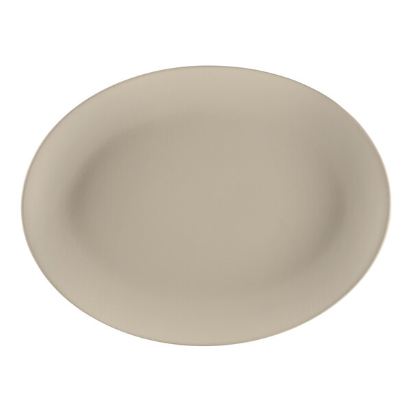 A gray porcelain oval platter with an oval shape and a beige rim.