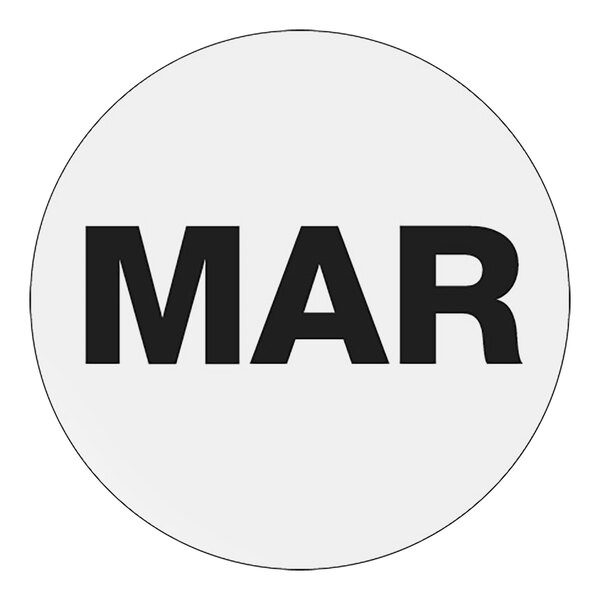 A white round sticker with the word "March" in black.