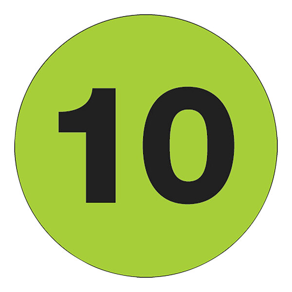 A green number 10 on a white label with a glossy finish.