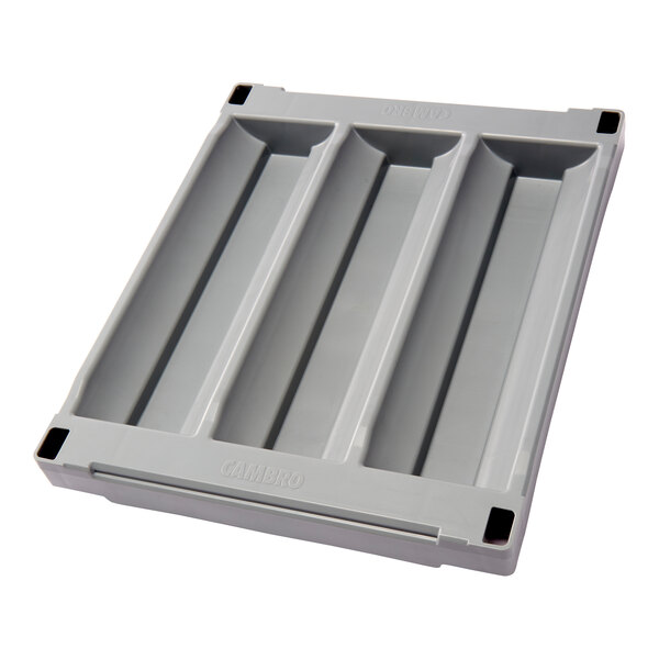 A grey plastic tray with four compartments for holding wine bottles.